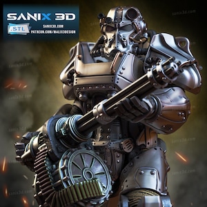 Könnte beinhalten: Ein silberner und schwarzer Roboter, der einen Helm trägt und in seiner rechten Hand eine große Waffe hält. Der Roboter steht auf einem dunklen Hintergrund mit Flammen im Hintergrund.