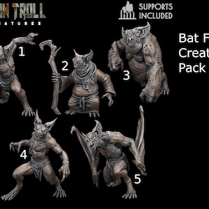 May include: A collection of five detailed Bat Folk miniature figures, each in a unique pose. The figures are a muted gray color, with bat-like features and intricate detailing. The text "Bat Folk Creature Pack" is displayed.
