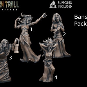 Könnte beinhalten: Ein Set aus vier detaillierten, grauen Harzfiguren, die Banshees darstellen, jede mit einer einzigartigen Pose und einem einzigartigen Ausdruck. Das Set enthält eine Banshee, die eine Laterne hält, eine Banshee, die sich die Haare kämmt, eine Banshee, die mit den Händen über den Ohren schreit, und eine Banshee, die den Mund zum Schreien öffnet. Das Set ist mit "Banshee Pack" beschriftet und enthält Stützen.