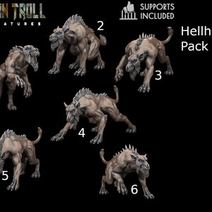 Peut inclure: Un ensemble de six figurines de Hellhound, chacune dans une pose différente. Les figurines sont en plastique brun clair et sont prêtes à être peintes. L'ensemble comprend des supports d'impression.