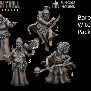 Peut inclure: Un ensemble de quatre figurines de sorcières Baroviennes, chacune avec une pose et une expression uniques. Les figurines sont en plastique gris foncé et sont prêtes à être peintes. L'ensemble comprend des supports pour l'impression.