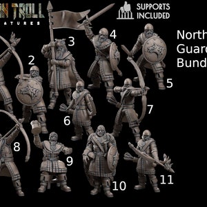 Könnte beinhalten: Ein Set mit 11 unbemalten Miniaturfiguren von Nordwacht-Kriegern, jede mit einer einzigartigen Pose und Waffe. Die Figuren sind aus grauem Kunststoff und bereit zum Zusammenbauen und Bemalen.