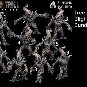 Op de afbeelding: Een set van negen 3D-geprinte miniaturen van boom-blight-wezens. De miniaturen zijn grijs en hebben een gedetailleerd, organisch ontwerp. De set bevat steunen voor het printen.