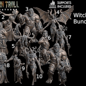 Puede incluir: Un conjunto de diez figuras en miniatura detalladas de brujas, goblins y otras criaturas de fantasía. Las figuras están hechas de resina gris y están listas para ser pintadas. El conjunto incluye soportes para la impresión.