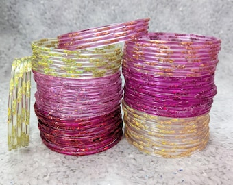 Size 2-12 XL - GLASS Bangles: Transparent Painted Base with Colorful Confetti Glitter - 12 pieces 1 dozen - Indian Bracelet Set -ra2000b