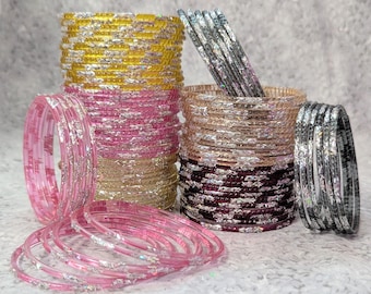 Maat 2-6 klein – GLAZEN armbanden: transparant geverfde basis met zilveren confetti-glitter – 12 stuks, 1 dozijn – Indiase armbandenset – ra-4000b