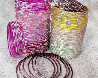 Taille 2-12 XL - Bracelets joncs en VERRE : base peinte transparente avec confettis argentés scintillants - 12 pièces 1 douzaine - Ensemble de bracelets indiens -ra4000b