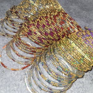 Size 2-10 ML - GLASS Bangles: Clear Base Micro-Beads and Glitter - 12 pieces 1 dozen - Indian Bracelet Set - t800