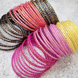 Size 2-10 ML - GLASS Bangles: Classic Painted Base with Gold Glitter Dots - 12 pieces 1 dozen - Indian Bracelet Set -S500