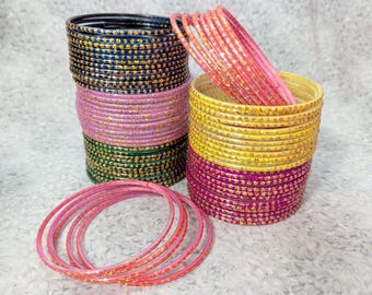 Taille 2-12 XL - Bracelets joncs en verre : base peinte classique avec points scintillants dorés - 12 pièces, 1 douzaine - Ensemble de bracelets indiens - s500