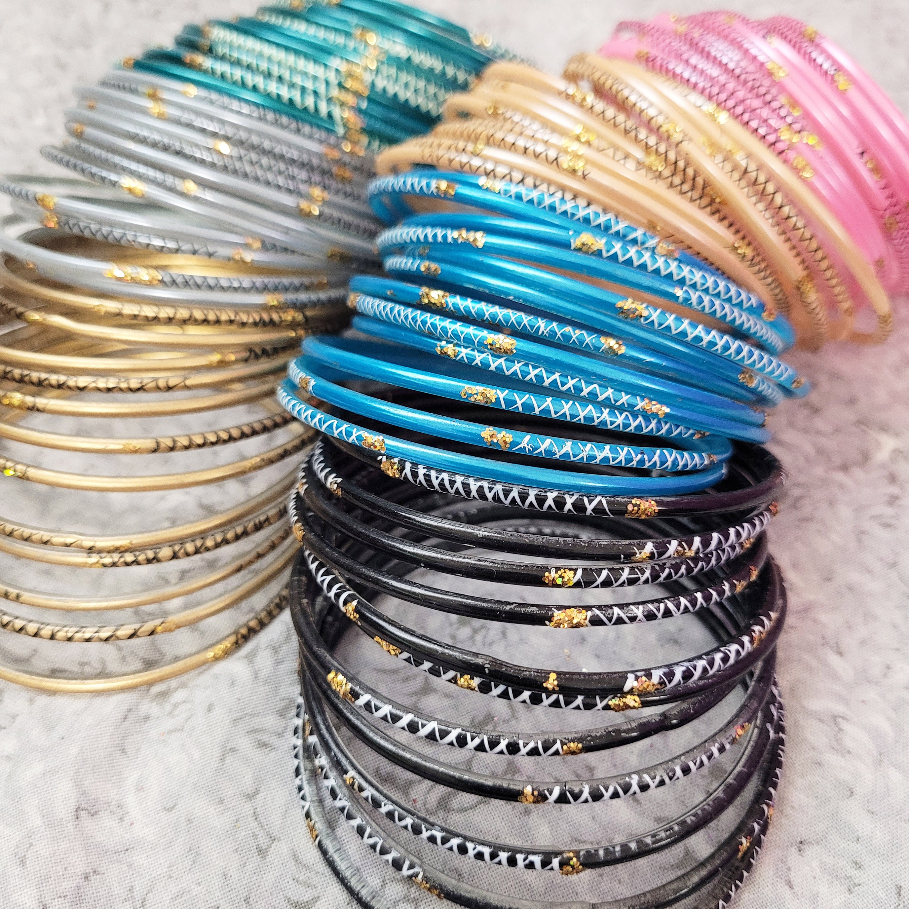 Size 2-10 ML - GLASS Bangles: Painted Base With Gold Glitter - 12