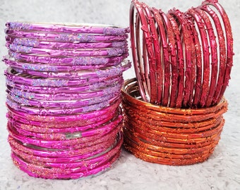 Size 2-10 ML - GLASS Bangles: Metallic Colors with Glitter Wedding Style - 12 pieces 1 dozen - Indian Bracelet Set - f300b
