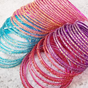 Size 2-10 ML - GLASS Bangles: Transparent Base w/ Holographic Gold, Micro-Beads, Glitter - 12 pieces 1 dozen - Indian Bracelet Set - t500
