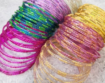 Maat: 2-10 ML – GLAZEN armbanden: transparant geverfde basis met kleurrijke confetti-glitter – 12 stuks, 1 dozijn – Indiase armbandenset – ra2000b