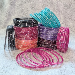 Size 2-6 Small - GLASS Bangles: Painted Base Micro-Beads and Silver Glitter- 12 pieces 1 dozen - Indian Bracelet Set -t600