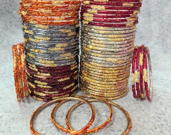 Maat 2-6 klein – GLAZEN armbanden: metallic kleuren met gouden glitter trouwstijl – 12 stuks 1 dozijn – Indiase armbandenset – e100b