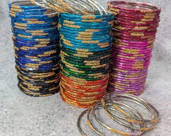 Maat: 2-10 ML – GLAZEN armbanden: metallic kleuren met gouden confetti glitter bruiloftstijl – 12 stuks, 1 dozijn – Indiase armbandenset – f500