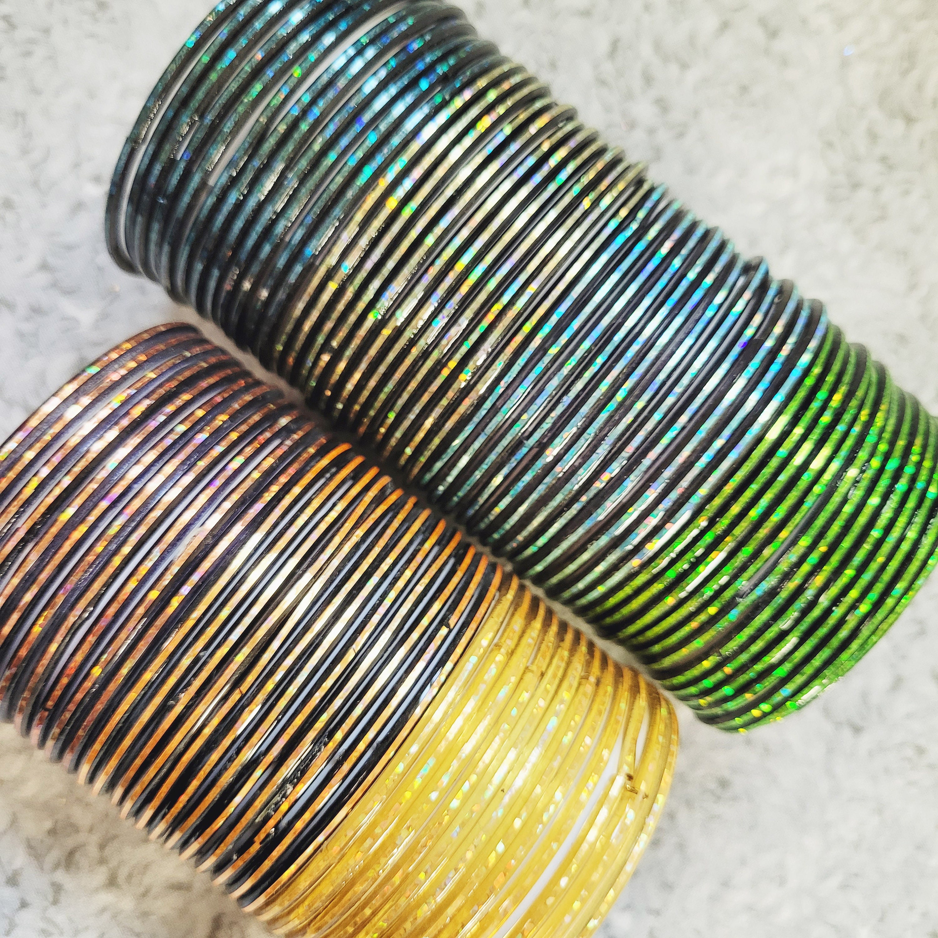 Size 2-6 Small - GLASS Bangles: Dark Base With Brilliant Holographic ...