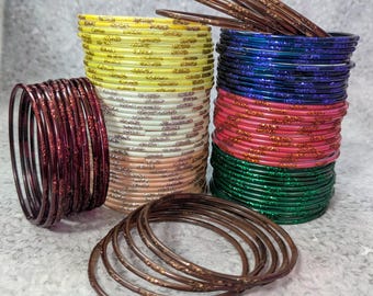 Size 2-12 XL - GLASS Bangles: Painted Base with Colored Glitter - 12 pieces 1 dozen - Indian Bracelet Set -ra700b
