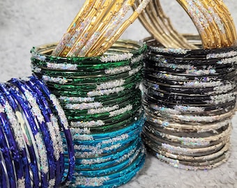 Maat: 2-10 ML – GLAZEN armbanden: metallic kleuren met zilveren confetti glitter bruiloftstijl – 12 stuks, 1 dozijn – Indiase armbandenset – f400a