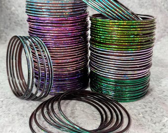 Size 2-12 XL - GLASS Bangles: Dark Base with Brilliant Holographic Sparkle - 12 pieces 1 dozen - Desi Indian Bracelet Set - p500a