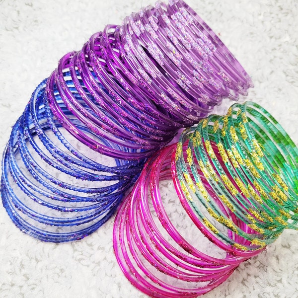 GLASS Bangles: Transparent Painted Base with Colorful Confetti Glitter - Size 2-10 ML - 12 pieces 1 dozen - Indian Bracelet Set -r2000a