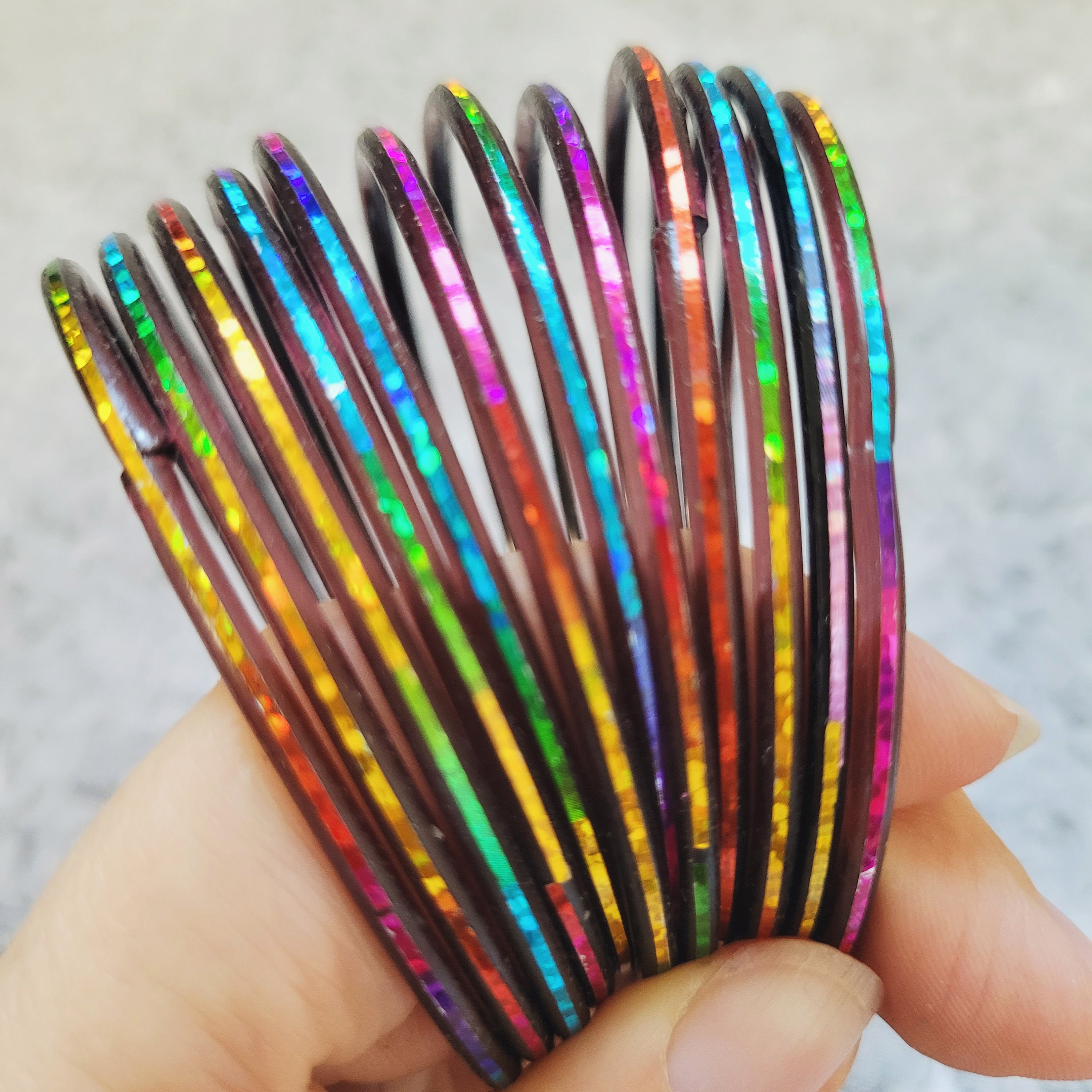 Size 2-6 Small - GLASS Bangles: Dark Base With Brilliant Holographic ...