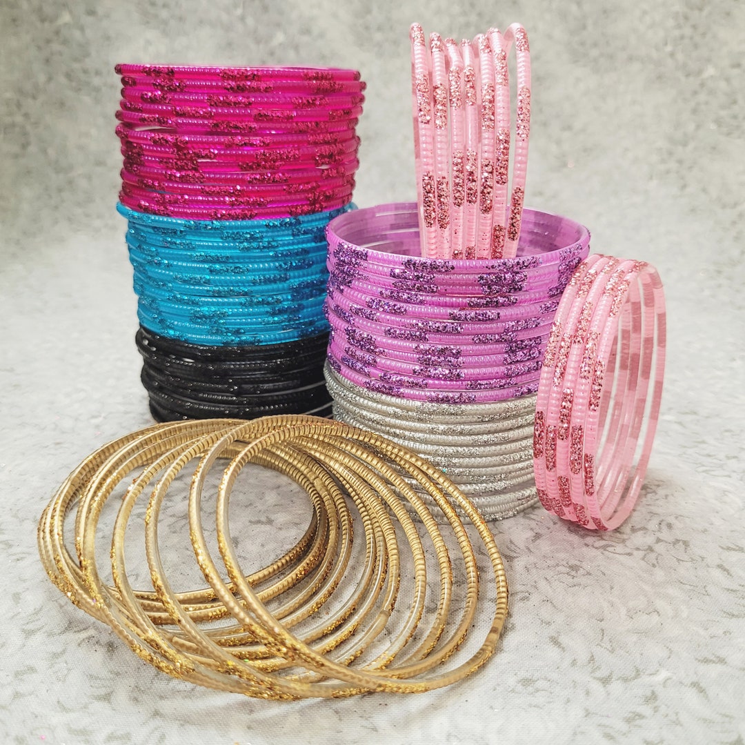 Size 2-6 Small GLASS Bangles: Painted Base With Colored Glitter