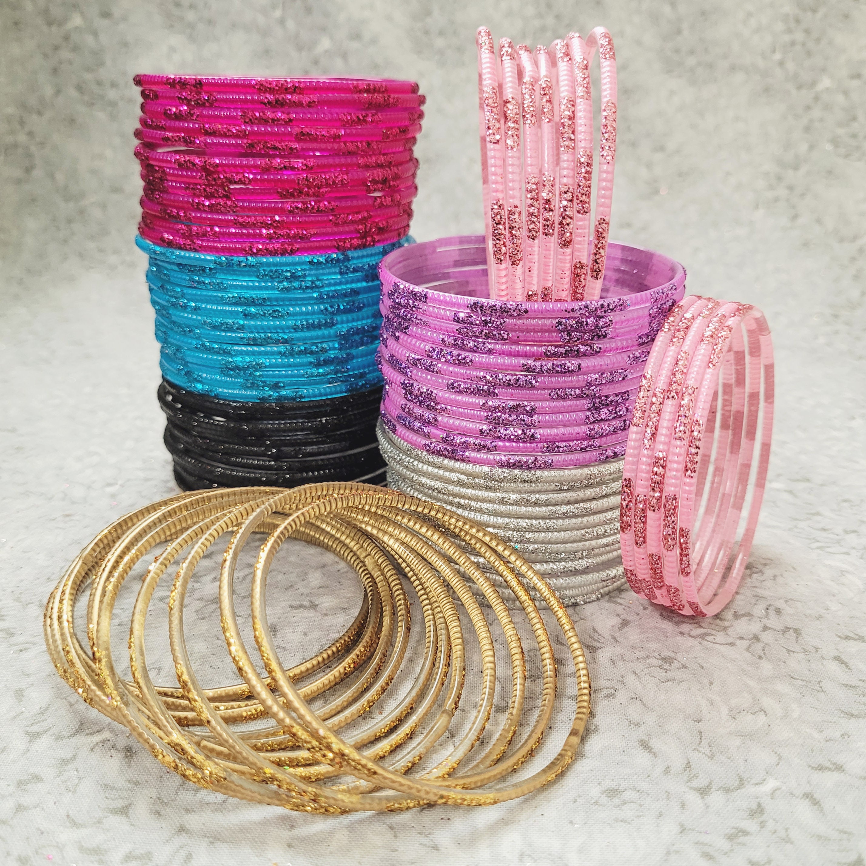 Size 2-6 Small - GLASS Bangles: Painted Base With Colored Glitter
