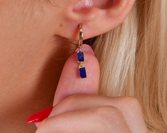 14k Gold Baguette Sapphire Hoop Earrings, Dainty Minimalist Huggie Earrings, Gift for Her