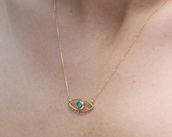 14k Gold Evil Eye Necklace, Turquoise Stone Eye Jewelry, Handmade Gold Evil Eye Pendant, Gift for Her