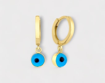 14k Gold Evil Eye Earring, Traditional Turkish Eye Huggie Hoop Earring, Evil Eye Jewelry, Gift for Her