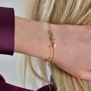 14k Gold Baguette Bracelet, Dainty Gold Baguette Charm Bracelet, Valentines Day Gift image 4