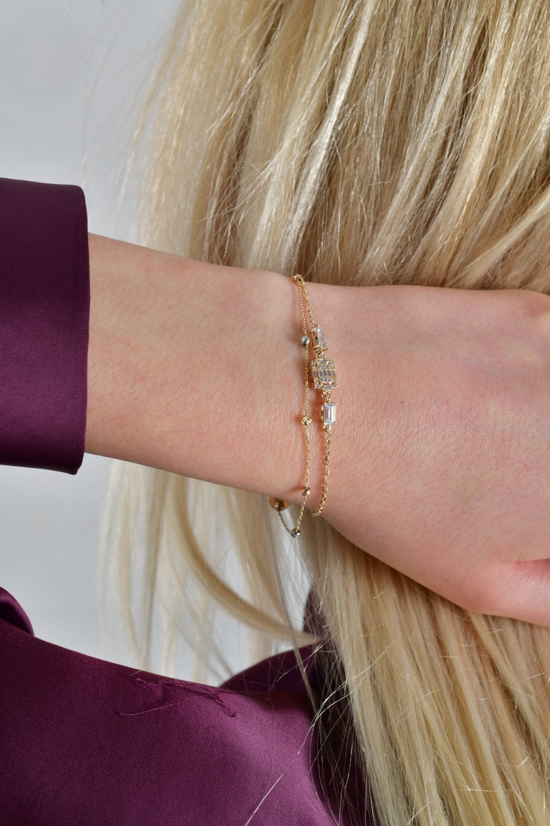 14k Gold Baguette Bracelet, Dainty Gold Baguette Charm Bracelet, Valentines Day Gift image 4