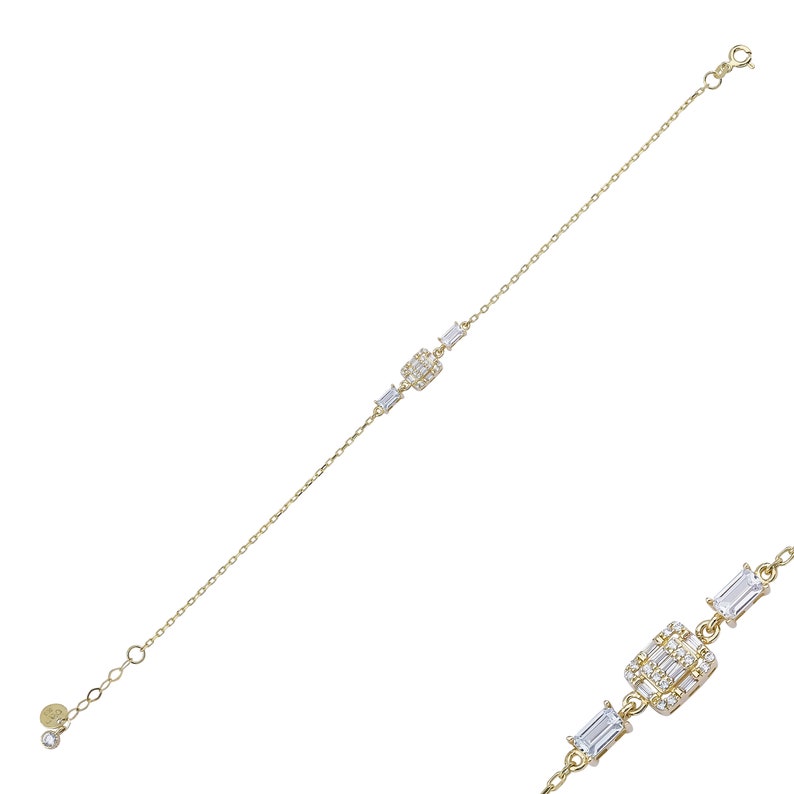 14k Gold Baguette Bracelet, Dainty Gold Baguette Charm Bracelet, Valentines Day Gift image 5