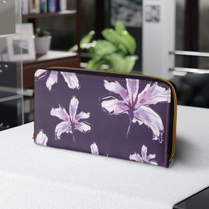 Cartera de flores moradas para mujer, billetera con cremallera Floral bohemio, cartera de mano Floral bonita, billetera Floral, tarjetero de cuero vegano