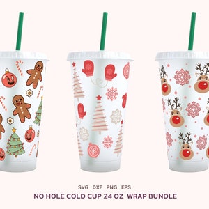 12 Christmas Cold Cup 24oz Designs Bundle, No Hole Xmas Full Wrap Svg, Christmas Sublimation Png, Cricut Cut File, Dxf, Eps