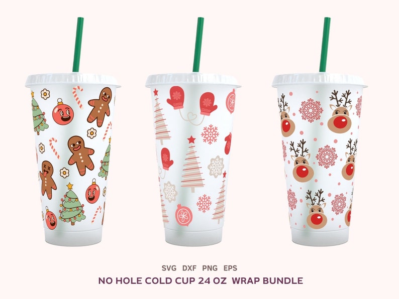 12 Christmas Cold Cup 24oz Designs Bundle, No Hole Xmas Full Wrap Svg, Christmas Sublimation Png, Cricut Cut File, Dxf, Eps