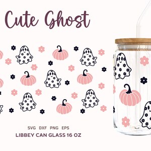 May include: A digital design featuring a cute ghost with a pink and black polka dot pattern, pumpkins, and flowers. The design is perfect for creating a Halloween-themed tumbler or other craft projects. The text "Cute Ghost" and "LIBBEY CAN GLASS 16 OZ" is also included in the design.