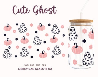 GHOST POMPOEN SVG Wrap voor Libbey 16oz Can Glass, Retro Halloween Svg, Cute Halloween, Daisy Cricut Cut File, Dxf, Png, Eps incl.