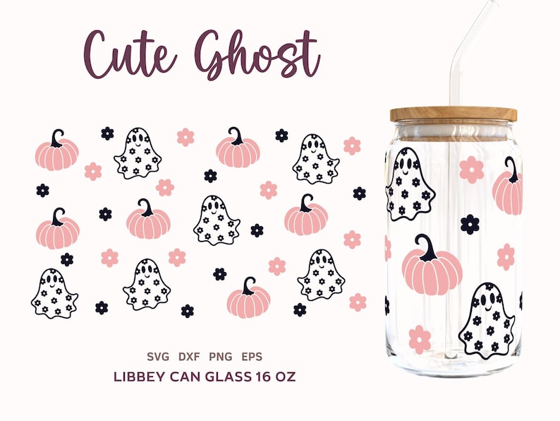 May include: A digital design featuring a cute ghost with a pink and black polka dot pattern, pumpkins, and flowers. The design is perfect for creating a Halloween-themed tumbler or other craft projects. The text "Cute Ghost" and "LIBBEY CAN GLASS 16 OZ" is also included in the design.
