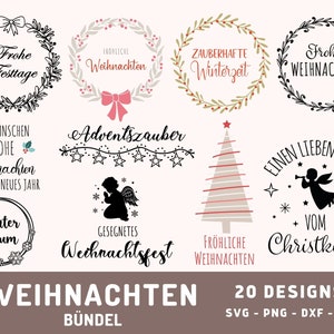 May include: A set of 20 Christmas-themed SVG designs, including wreaths, a Christmas tree, angels, and text in German. The designs are perfect for creating cards, invitations, and other festive crafts.