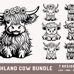 Mignon vache Highland Bundle Svg, conception vache Highland, vache Svg, bébé vache mignonne Svg, sublimation vache Highland, fichier de coupe Cricut