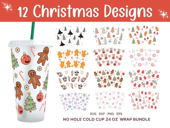 12 Christmas Cold Cup 24oz Designs Bundle, No Hole Xmas Sublimation Tumbler Full Wrap SVG, PNG, DXF, Eps