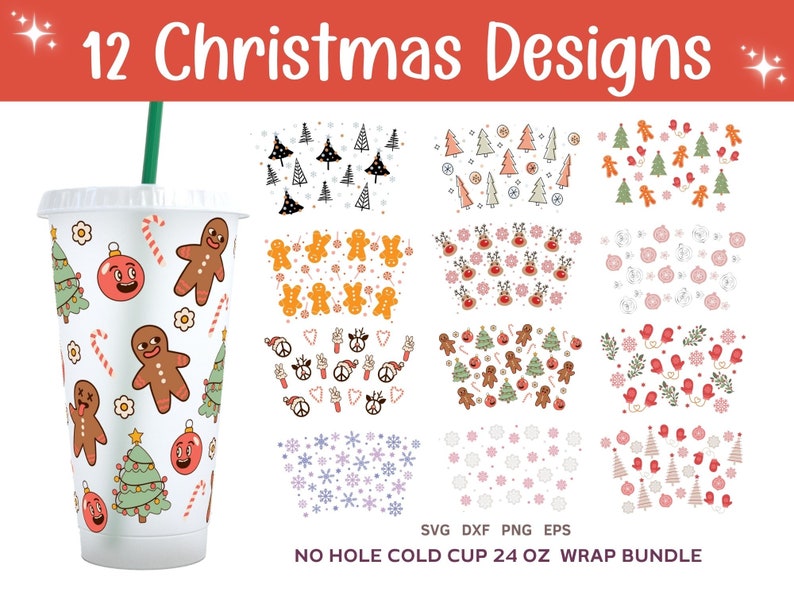 12 Christmas Cold Cup 24oz Designs Bundle, No Hole Xmas Full Wrap Svg, Christmas Sublimation Png, Cricut Cut File, Dxf, Eps
