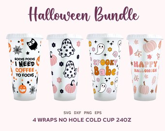 4 Halloween Wraps SVG Bundle, Fall Cold Cup 24oz, Halloween Svg Bundle, Citrouille Svg, Ghost Svg, Png, Dxf, Eps inc.