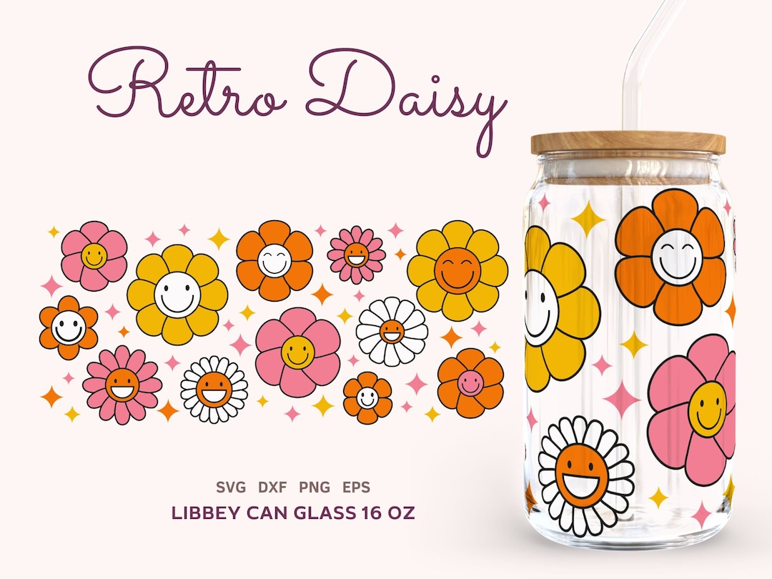 Retro Daisy SVG Wrap Libbey Can Glass 16 Oz, Groovy Beer Can Glass Svg ...