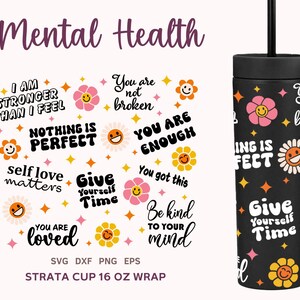 Retro Mental Health Strata Tumbler SVG, Self Love Strata Skinny 16oz, Inspirational Strata Wrap, Kidness Svg Strata Cup Png, Dxf, Eps