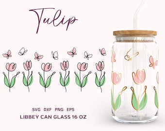 FLORAL BUTTERFLY SVG Wrap Libbey Glass Can 16oz, Tulip Line Art Glass Can Svg, Floral  Cutfile, Spring Full Wrap Svg, Png, Eps, Dxf