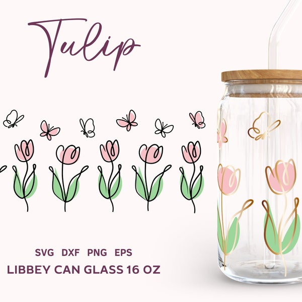 FLORAL BUTTERFLY SVG Wrap Libbey Glasdose 16 Unzen, Tulip Line Art Glasdose SVG, Floral Cutfile, Frühling Full Wrap SVG, Png, Eps, Dxf